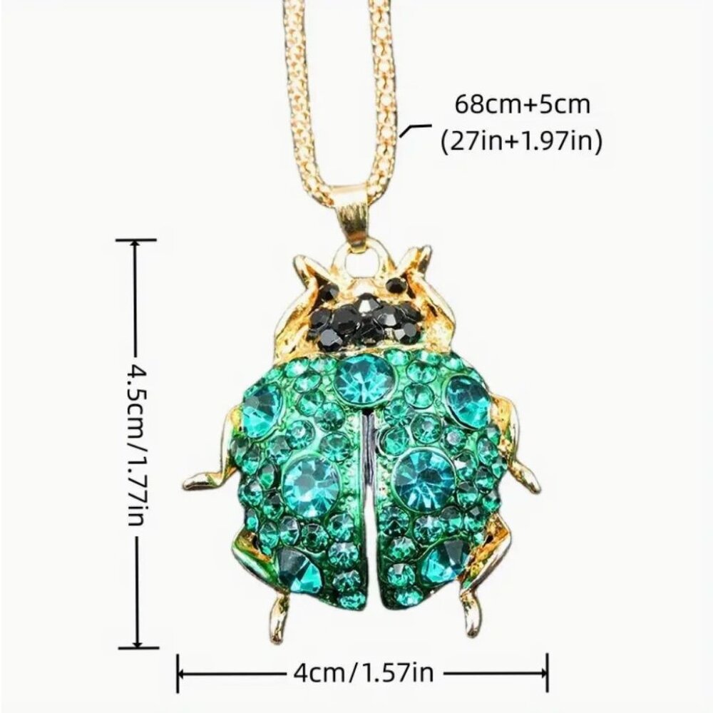 Betsey Johnson Necklace Teal Iridescent Crystal Ladybug Pendant Gold Tone - Picture 2 of 2
